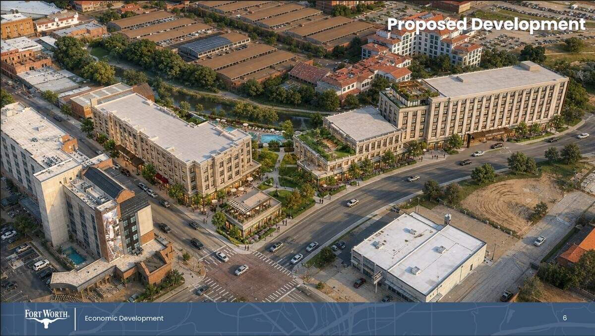 A bird’s-eye rendering showing the proposed $160 million development on the corner of North Main Street and Northeast 23rd Street with the Historic Stockyards in the background.